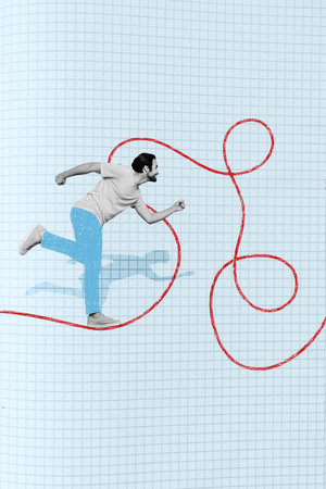 Funny running guy university student collage illustration metaphor doodle drawn his way get master graduation isolated on plaid backgroundの写真素材