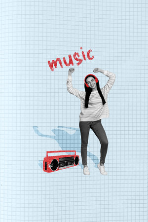 Dancing party collage meloman girl listen her favorite earphones chill boombox cassette recorder radio isolated on plaid backgroundの写真素材