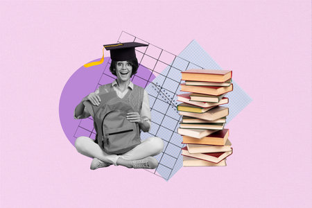 Artwork collage picture of excited funny lady graduating college isolated purple color backgroundの写真素材