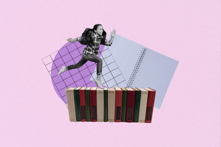 Template graphics collage image of excited purposeful small schoolkid running fast getting knowledge isolated violet color backgroundの写真素材