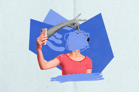 Photo template collage of scribble complicated woman faceless anonymous hold phone recording selfie video isolated on blue backgroundの写真素材