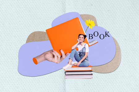 Collage portrait of big arm mini minded girl sit pile stack book flower brainstorming imagine isolated on paper backgroundの写真素材