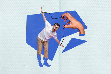 Creative composite illustration photo collage of big arm manipulates excited impressed brainwashed man isolated on colorful backgroundの写真素材