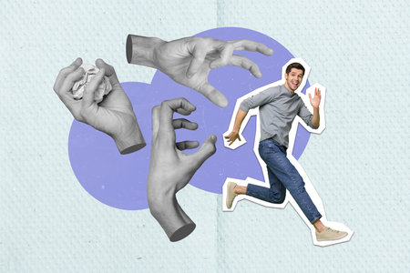 Creative abstract sketch composite photo collage of funny good mood dexterous guy running from big hands isolated on paper backgroundの写真素材