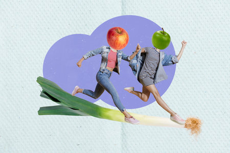 Collage portrait of two mini girls apple fruit instead head running huge onion vegetable isolated on creative paper backgroundの写真素材