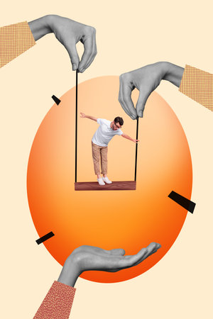 Vertical composite photo collage of big human fingers hold scared man standing on swing look down isolated on creative drawing backgroundの写真素材