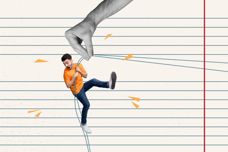 Composite photo collage illustration of scared horrified man holding rope look down in abyss isolated on creative drawing backgroundの写真素材