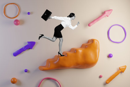 Banner collage image picture of excited lady running towards her dream goal progress isolated on 3d creative backgroundの写真素材