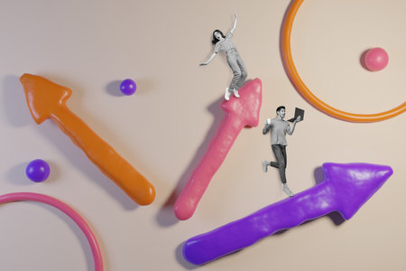 Picture 3d collage poster of two people coworkers career challenge competition achieving success isolated on creative backgroundの写真素材