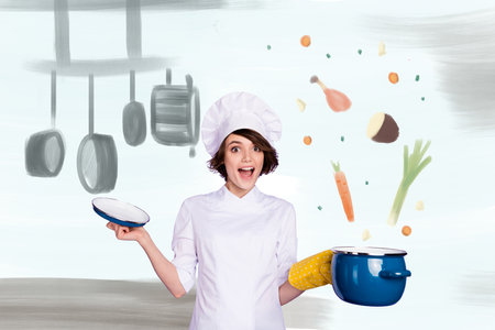 Artwork collage poster photo of surprised lady dressed white apron preparing delicious vegetable meat lunch isolated drawing backgroundの写真素材