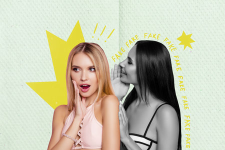 Collage artwork minimal picture of two girlfriends discussing fake news isolated yellow color backgroundの写真素材