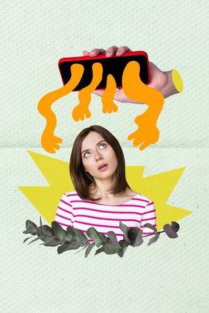 Vertical collage picture of unsatisfied mini girl tied of hateful painted people arms smart phone display isolated on paper backgroundの写真素材