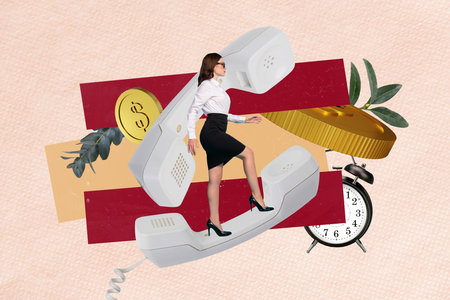 Creative collage of elegant mini girl walk big vintage handset phone money coins plant leaves bell ring clock isolated on paper backgroundの写真素材