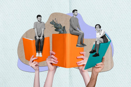 Creative graphics collage image of charming smiling people enjoying reading isolated colorful backgroundの写真素材