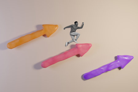 Artwork sketch photo collage of purposeful ambitious excited guy run up to achieve goals isolated on creative backgroundの写真素材