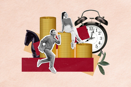 Photo collage picture of successful business people earning aim together isolated creative...