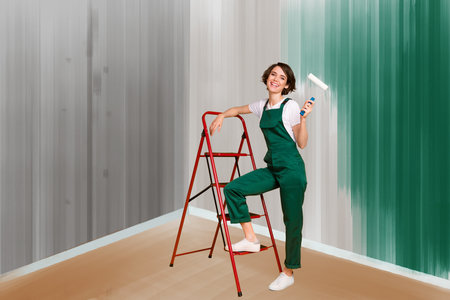 Collage sketch template of happy positive girl painter climbing ladder and hold roller room renovation isolated on yellow color backgroundの写真素材