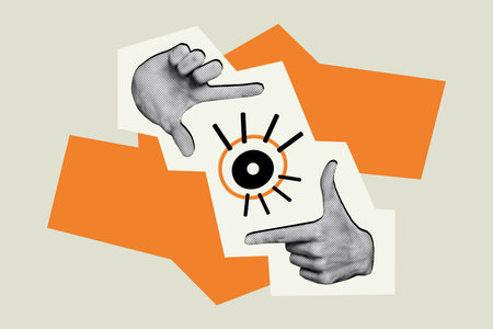 Composite poster abstract sketch photo collage of fingers showing photo frame eye recording video...