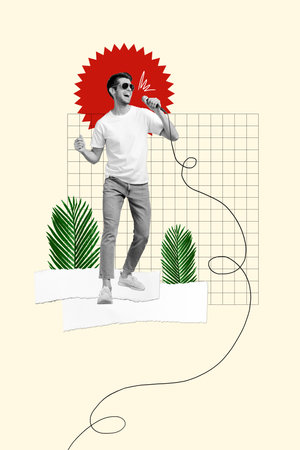 Banner collage image of cheerful positive guy have fun sing karaoke club summer vacation weekend isolated on drawing backgroundの写真素材
