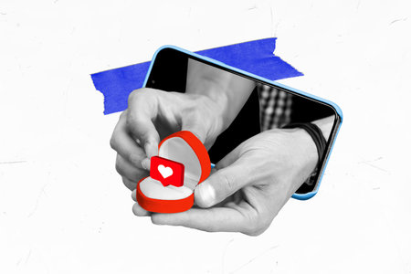 Collage creative 3d picture of human arm make marriage proposal online live stream isolated on white color backgroundの写真素材