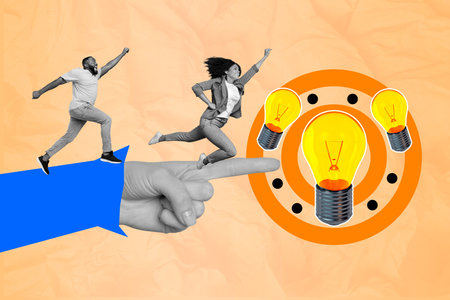 Collage graphics picture of excited funny workers having great startup ideas isolated painting...