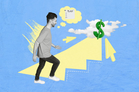 Sketch collage retro pop poster of successful man climb up career ladder increase improve profit...