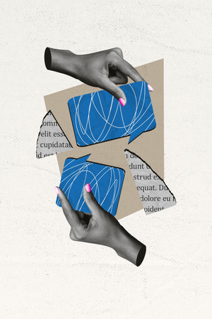 Vertical collage picture of two black white colors arms fingers hold dialogue bubble piece book page...