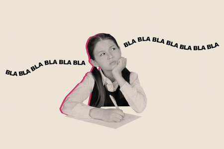 Photo collage of minded schoolgirl writing pencil notes listen not interesting information bla blah...