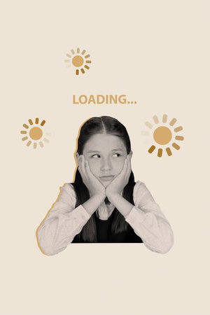 Vertical creative composite photo collage of concentrated girl hands on cheek thinking assimilating knowledge isolated white backgroundの写真素材