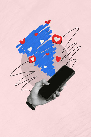 Artwork collage sketch of people chatting messengers modern device touch display send sms isolated...