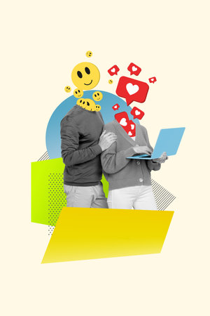 Vertical composite photo collage of headless people smile like instead of head look at laptop isolated on creative painted backgroundの写真素材