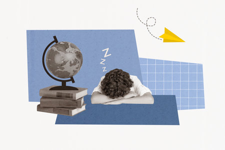 Photo collage template design of sleepy boy school student college bored globus planet earth exploring science isolated on blue backgroundの写真素材