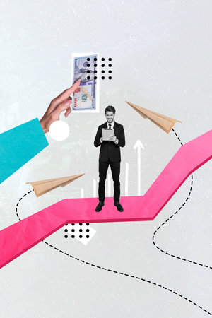 Vertical collage of young businessman wear formal suit use tablet send messages for his job receive legal money isolated on grey backgroundの写真素材