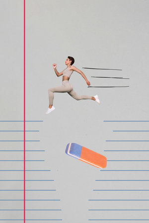 Collage of funny young sportswoman running afraid eraser delete image photorealist personage isolated over paper sheet lined backgroundの写真素材