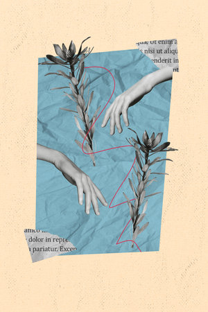 Image photo conceptual collage flyer of two arms touch wild exotic flowers isolated on beige color painted backgroundの写真素材