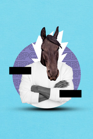 Vertical photo template illustration collage of headless surreal head mask mammal horse face man confident boss isolated on blue backgroundの写真素材