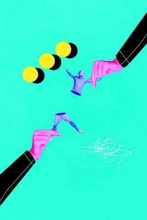 Vertical collage portrait of two pink arms fingers pull divide mini blue guy body isolated on bright turquoise backgroundの写真素材