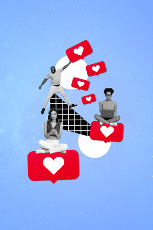 Vertical collage picture of mini black white colors people jump sit big like notification use smart phone netbook isolated on blue backgroundの写真素材