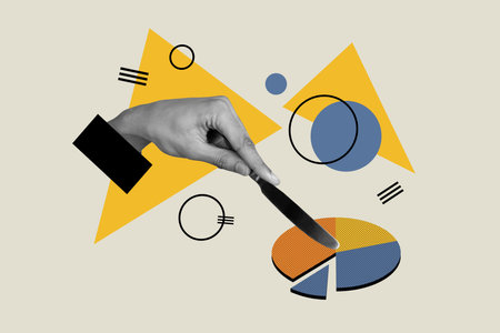 Creative collage image of black white effect arm hold knife cut piece stats diagram chart isolated on drawing backgroundの写真素材