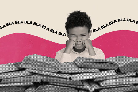 Little small pupil school child dissatisfied funny boy bored listen not interesting lecture collage...