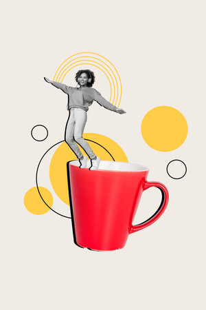 Vertical composite photo collage of happy girl in headphones drink cup of coffee in morning isolated on creative drawing backgroundの写真素材