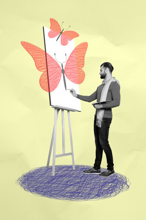 Vertical composite illustration photo collage of talented artist drawing butterflies on canvas...