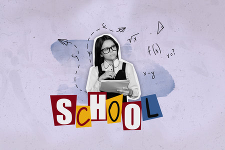 Banner picture photo magazine collage of minded pensive diligent girl solving math exercise doing...