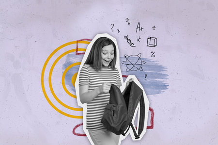 Collage picture of astonished black white colors girl hold opened backpack drawing mind grade...