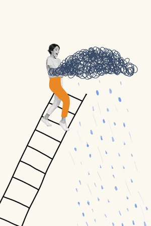 Vertical composite photo collage of astonished woman standing on ladder hold cloud call for rain isolated on creative drawing backgroundの写真素材
