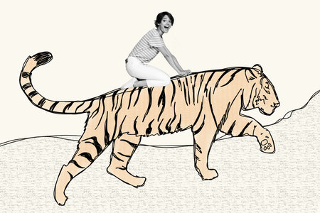 Composite picture abstract photo collage of ecstatic overjoyed woman riding tiger in savanna isolated on creative painted backgroundの写真素材