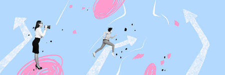 Horizontal collage of two black white gamma people chief scream bullhorn run big drawing arrow upwards isolated on painted backgroundの写真素材