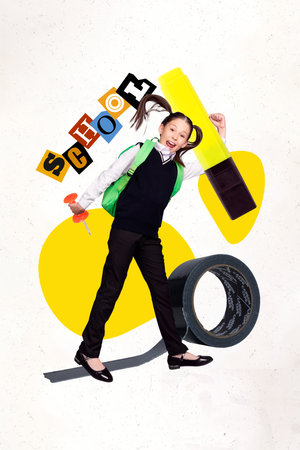 Collage composition of positive schoolgirl holding marker felt tip pen studying