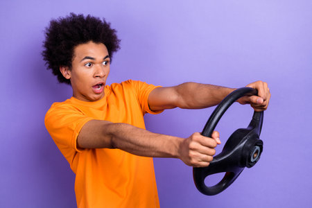 Creative photo collage of funny guy shocked unhappy holding not control steering wheel car crash...