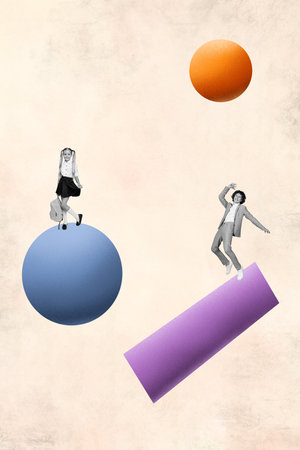 Two funky young school children have fun dancing over 3d painted shape round figures square cube isolated on beige color backgroundの写真素材